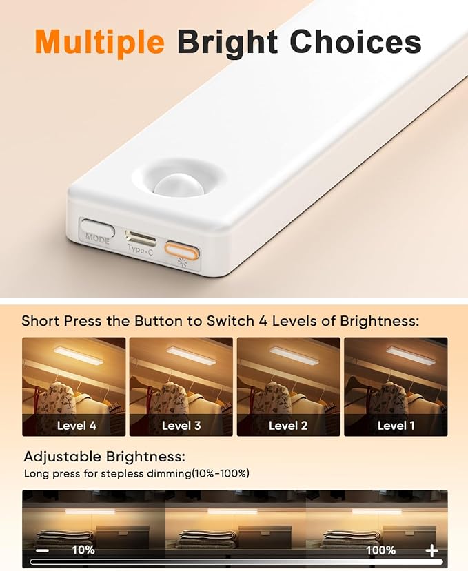 13inch Under Cabinet Lighting, Motion Sensor Light Indoor, Rechargeable Closet Lights Battery Operated, Wireless Dimmable LED Cabinet Lights, Under Counter Lights for Kitchen Warm Color-2 Pack