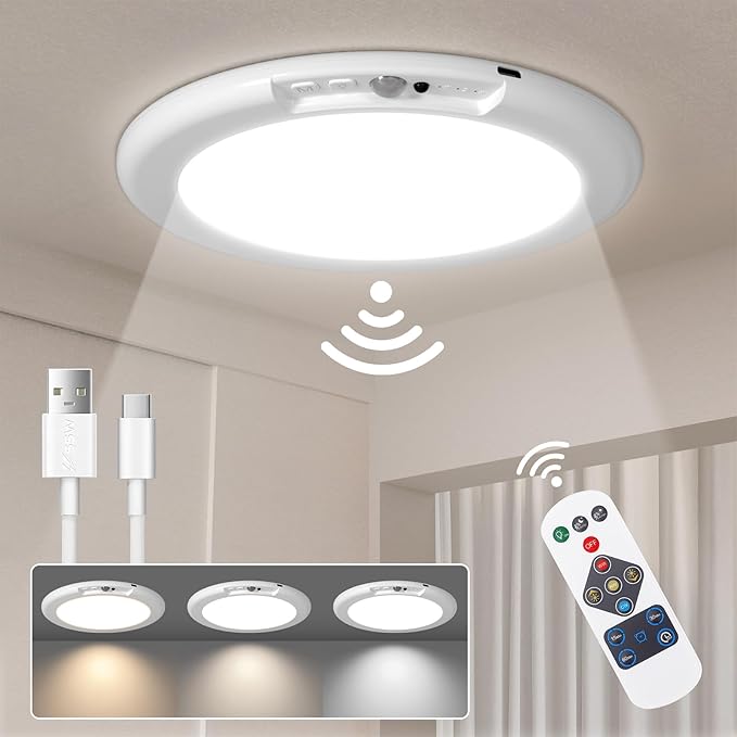 LINEWAY Rechargeable Motion Sensor Ceiling Light with Remote,Battery Operated LED Ceiling Lights 3 Colors Dimmer 7.5'' Wireless Closet Light Magnetic Motion Activated Shower Light for Shed Pantry