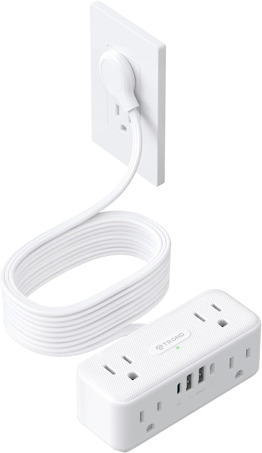 TROND 20W USB C Power Strip Surge Protector - 15ft Flat Plug Extension Cord with Multiple 6 Outlets, 900 Joules, 3 Side Design, Mountable, Compact for Home Office Desk College Dorm Room Essentials