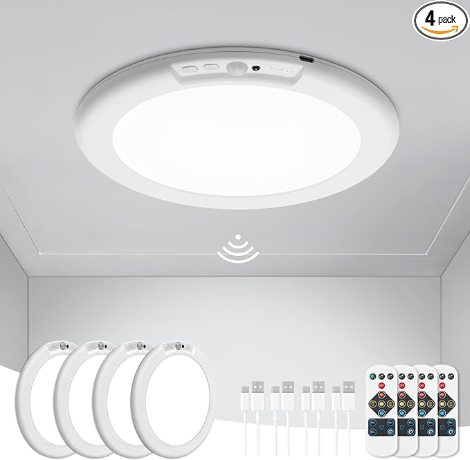 wowatt 4Pcs Battery Operated Ceiling Lights Rechargeable Motion Sensor Light Indoor Wireless Shower Light with Remote 3000K 4500K 6500K 7.48in Dimmable Timing Motion Activated Lamp for Closet Shower