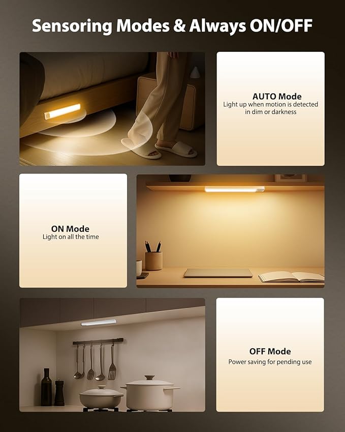 10inch Under Cabinet Lighting, 68 LED 3 Color Rechargeable Motion Sensor Light Indoor, 6 Levels Dimmable Magnetic Closet Lights, Wireless Under Counter Lights for Kitchen, Stairs, Bedroom, 4-Pack