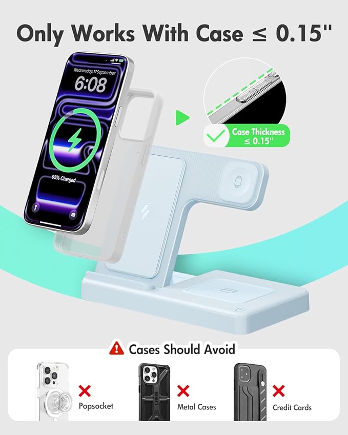Wireless Charger Stand Charging Station: 3 in 1 Charger Stand Multiple Devices for Apple - iPhone 17 16e 16 15 14 Pro Max 13 12 - Watch 11 10 9 8 7 6 5 4 3 2 SE and Ultra Series-Airpods 4 3 Pro, Blue