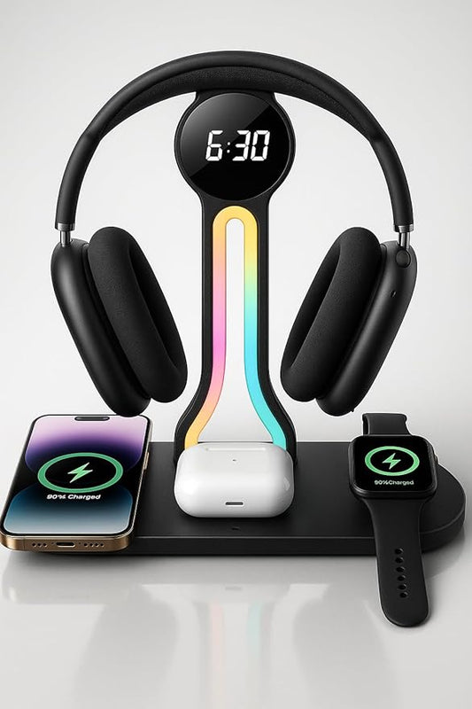 Transform Your Desk – 3-in-1 Wireless Charging Station with Headphone Stand, Dual USB Ports, 15W Fast Charger for Phone/A-irPods/A-pple Watch, RGB Light, LED Alarm Clock – Charge 5 Devices at Once