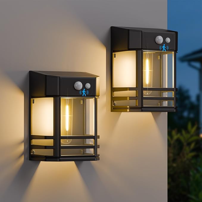 btfarm 2 Pack Solar Wall Lights Outdoor,3 Modes Motion Sensor Lights Dusk to Dawn, IP65 Waterproof Porch Light Solar Powered, 1200mAh Wireless Wall Mount Sconces for Outside Patio, Garage, Yard