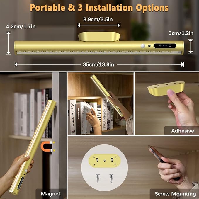 Battery Powered Operated Wall Strip Lights, Motion Sensor LED Light Bar Indoor, Rechargeable Magnetic Under Cabinet Lighting Wireless with Remote Control for Picture Closet Room – Gold