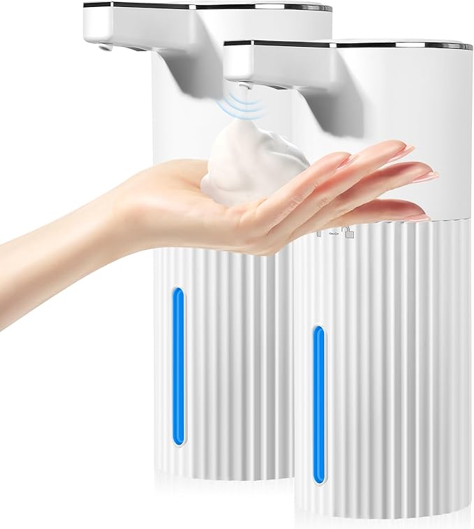 2 Pack Automatic Soap Dispenser: 14oz Plastic - Foaming Touchless 4 Level Adjustable Wall Mount Foam White Rechargeable Electric Auto Smart Soap Dispenser Set - Bathroom Kitchen Hand Dish Lotion