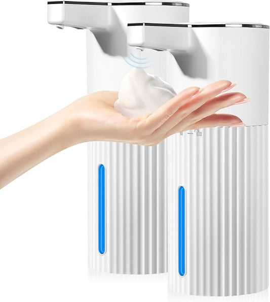 2 Pack Automatic Soap Dispenser: 14oz Plastic - Foaming Touchless 4 Level Adjustable Wall Mount Foam White Rechargeable Electric Auto Smart Soap Dispenser Set - Bathroom Kitchen Hand Dish Lotion