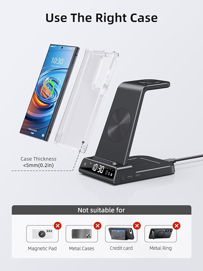 Wireless Charger for Samsung Charging Station: 3 in 1 Android Charging Stand with Dimmable Clock - Nightstand Organizer for Galaxy S25 Ultra, Galaxy Watch 8 7 6 5 4, Galaxy Buds (Not for iWatch)