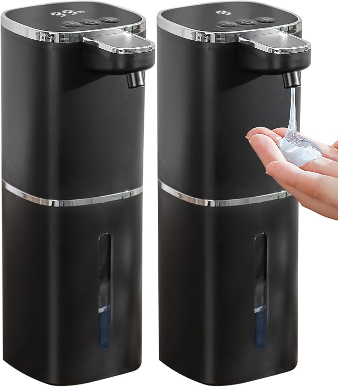 2 Pack Automatic Liquid Soap Dispenser, 13.5oz/400mL, USB Rechargeable, 9-Adjustable Liquid Levels, IPX5 Waterproof, Touchless & Wall/Tabletop Use for Kitchen Bathroom, Black