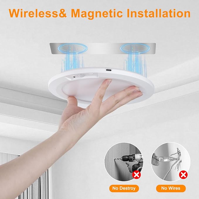 Rechargeable Motion Sensor Ceiling Light, 5 Colors Wireless Battery Operated Shower Lights with Remote, Magnetic Closet Light for Closet Shower Bathroom Hallway, 2 Pack