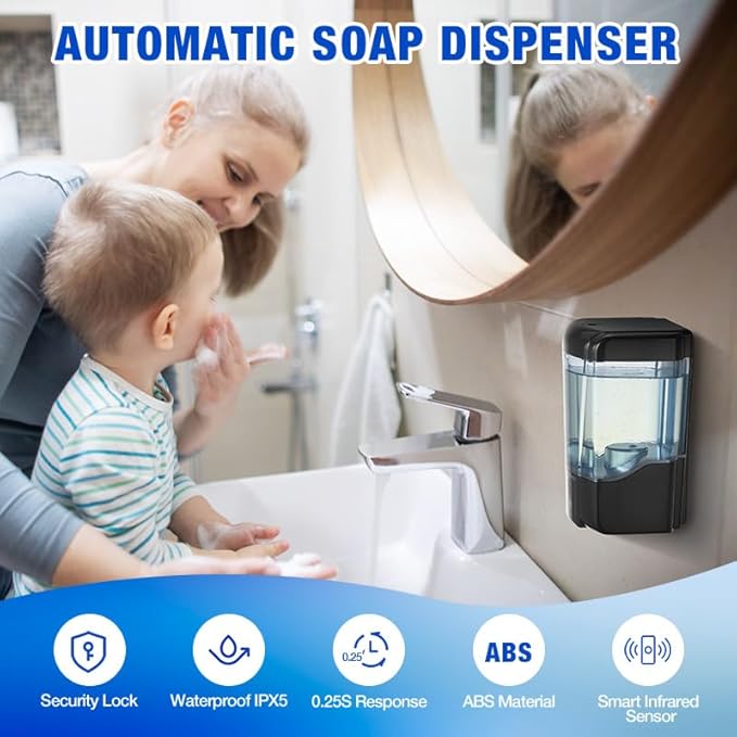 Automatic Soap Dispenser Touchless,600 ml / 20 oz Commercial Hand Soap Dispenser,Wall Mount Hand sanitizer Dispenser for Bathroom Offices Home Kitchen Hotel（Black）