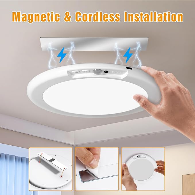 Rechargeable Motion Sensor Ceiling Light, No Wiring Closet Light Battery Operated with Remote Dimmable Timing, Magnetic Motion Activated Shower Light for Closet Shower Bathroom Hallway