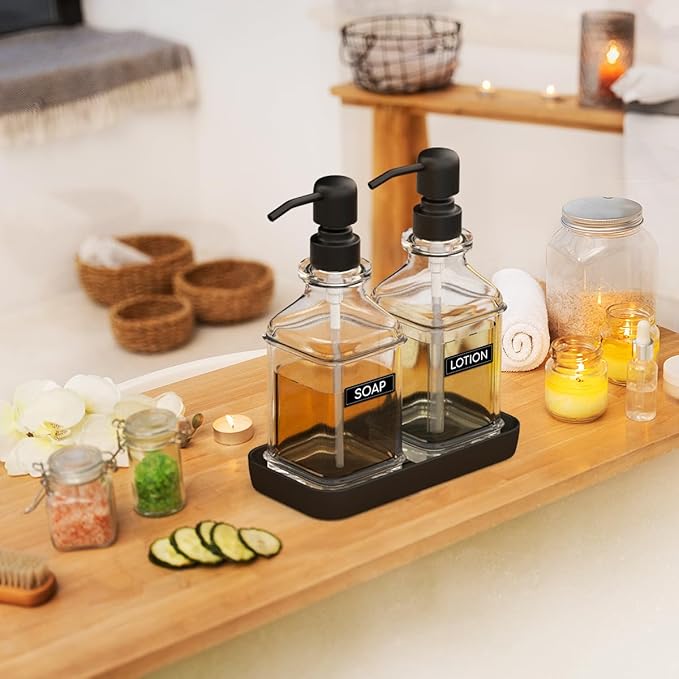 LMQML Soap Dispenser - 2 Pack, Antique Design Thick Glass Hand Soap Dispensers with Sturdy Tray; 304 Rust Proof Stainless Steel Black Pump, 12Pcs Stickers, for Kitchen, Bathroom
