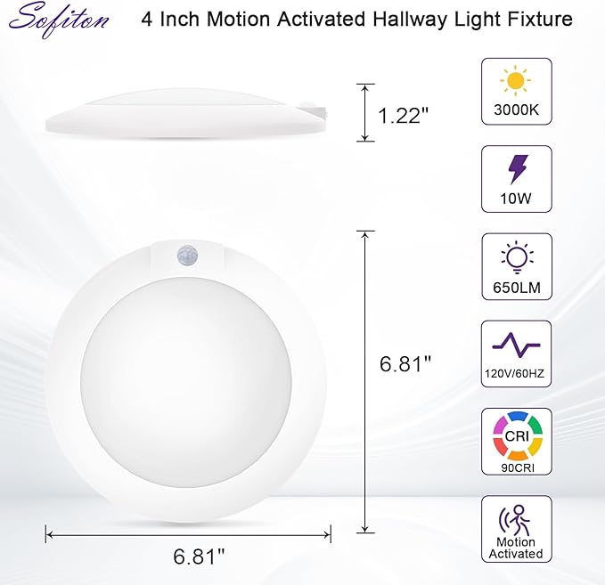 4 Inch Motion Sensor Ceiling Light, 10W 650LM, 60s Timeout, 120V LED Disk Lights, CRI90+, ETL Certified, Non-dimmable, Wet Location - Closets, Hallway, Entryway, Stairs, 2 Pack