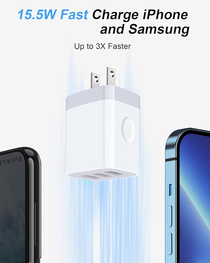 USB Charger Cube, Wall Charger Plug, AILKIN 3.1A 3-Muti Port USB Adapter Power Plug Charging Station Box Base for iPhone 17 16 15 14 13 12 Pro Max Mini SE 11 Pro Max Samsung Phones Charging Block