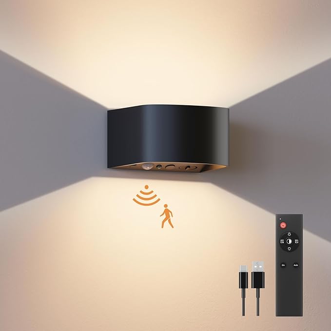 FULEN Motion Sensor Wall Lights with Remote Control 3 Colors Wireless Wall Lamp LED Indoor Up Down Wall Sconces 5000mAh Rechargeable Battery Powered Wall Lamps Brightness Adjustable, 1 Pack