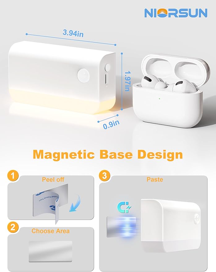NIORSUN Motion Sensor Stair Lights Indoor, 6 Pack Rechargeable Wireless Step Lights with 3 Color Temperatures, 1200mAh Battery, Magnetic Base for Hallway, Closet, Bathroom, White