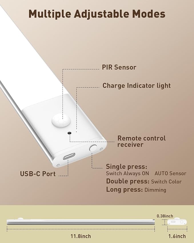 Under Cabinet Lighting Wireless Motion Sensor Light Indoor, 12" Rechargeable Kitchen Bar Lights, 300LM Ultra-Bright Cabinet Lights with Remote, 2500mAH, USB-C, 3 Colors, 3 Packs