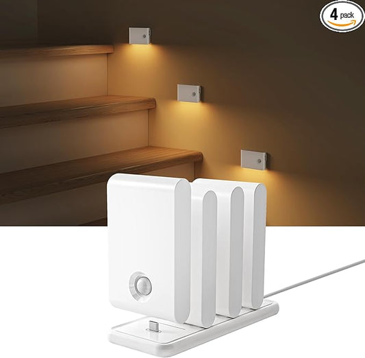 EZVALO Motion Sensor Stair Lights Indoor, Rechargeable Night Lights with Magnetic & Dimmable, Auto On/Off 3000K Soft White, Stick-On for Stairs, Hallway, Bathroom (4 Pack with Charging Station)