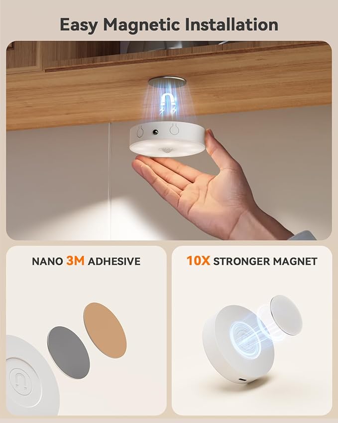 LENOMA Puck Lights with Remote, Rechargeable Under Cabinet Lighting, 3 Color Temps, 12 RGB Color LED Motion Sensor Lights Wireless, Dimmable Tap Lights for Closet, Kitchen, Shelf, Stair, 2 Pack
