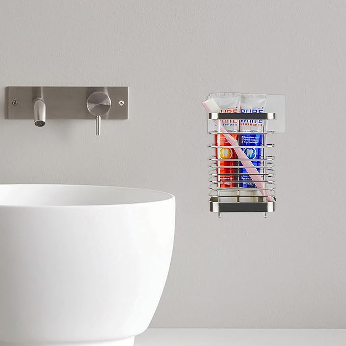 Wall Mount Toothbrush Holder for Bathroom, Stainless Steel Rustproof Toothbrush and Toothpaste Holder Organizer, Electric Toothbrush Holder Self Adhesive Wallmount/Countertop Organizer(Silver)