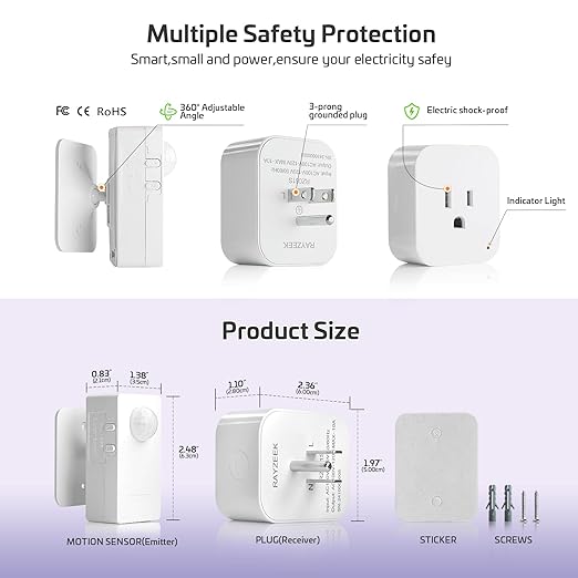 RAYZEEK Wireless Motion Sensor Control Outlet with Light Sensor,No WiFi/No APP, 2 PIR Sensor Switch Control 1 Plug for Christmas Tree Lights,Fans,Household Appliances,10A/1100W