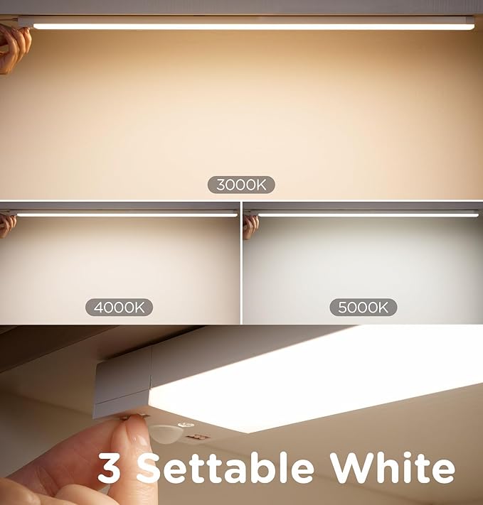 Under Cabinet Lighting Plug in 16in AC120V with Motion Sensor 3000K/4000K/5000K, Super Bright, Linkable Under Counter Light for Kitchen, Shelf, Sink, Closet, Aluminum White 2Pack