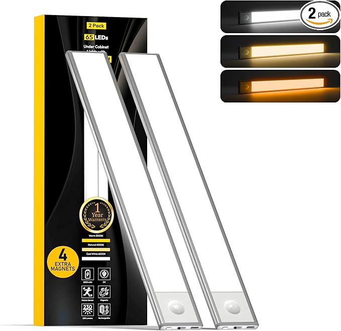 2 Pack Under Cabinet Lights 2200mAh, 65 LED Dimmable Closet Lights with 3 Adjustable Color Temperature, Rechargeable Battery Operated Motion Sensor, Under Cabinet Lighting for Kitchen,Closet (12 Inch)