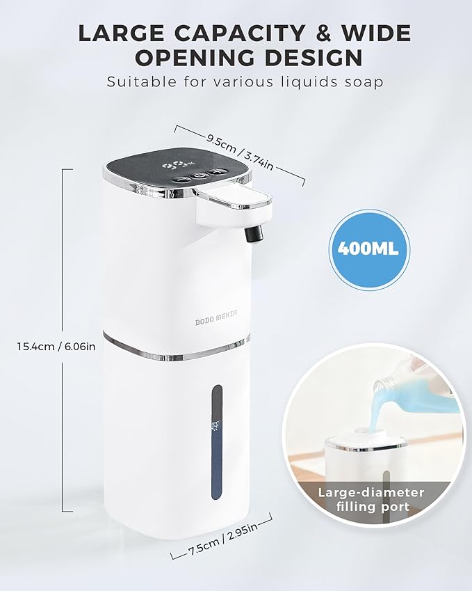 Automatic Liquid Soap Dispenser Touchless,USB Rechargeable, 9-Level Adjustable, 13.5oz/400mL, IPX5 Waterproof, Wall/Tabletop, Compatible with Thick Thin Dish Soap for Kitchen Bathroom, White