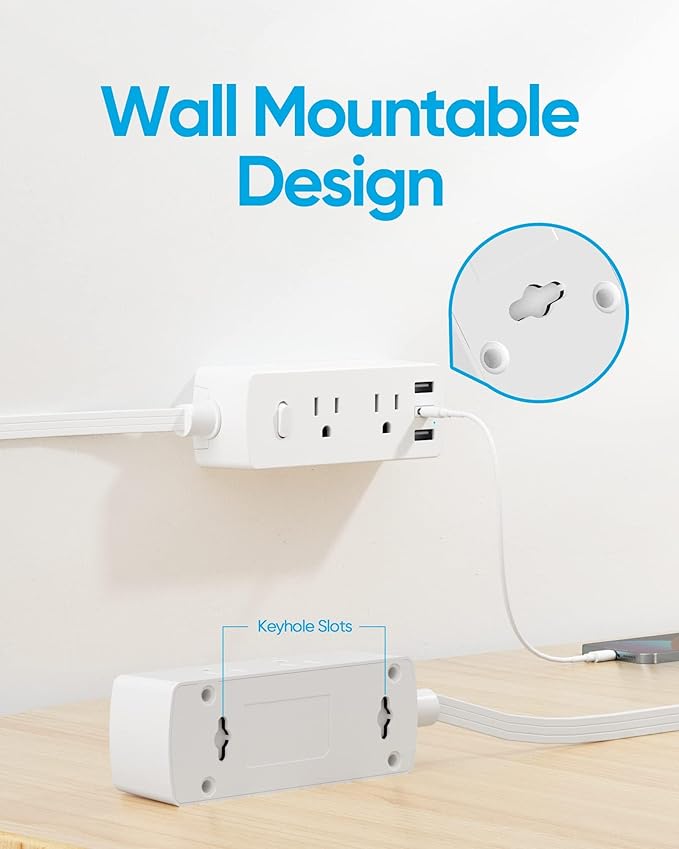 Yozisital Flat Plug Power Strip with 5 FT Extension Cord, 6 Outlets 3 USB Ports(1 USB C), 3 Sided Outlet Extender for Home Office Travel Dorm Room Essentials, White
