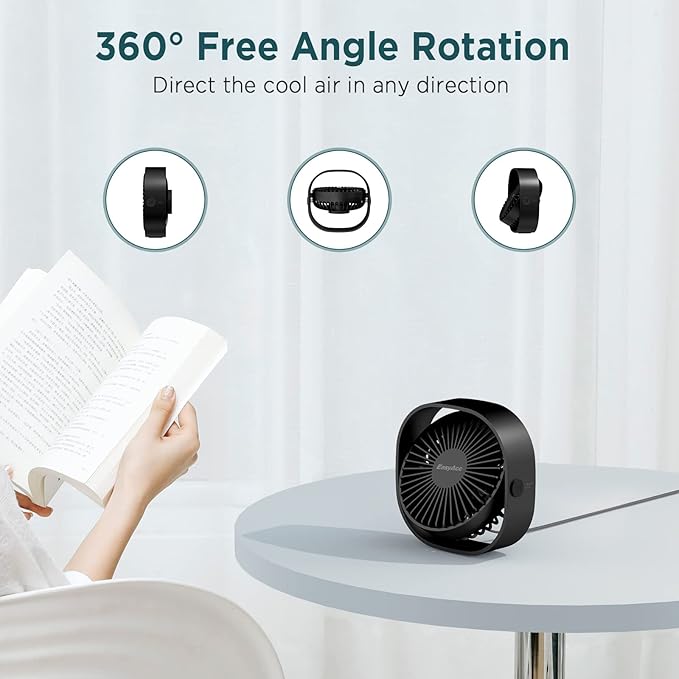 EasyAcc USB Small Desk Fan, Slumber Pod Fan [360°Rotatable Head &Powerful ] 3 Speeds Portable Personal Table Travel Fan for Sleeping Desk Cruise Ship Dorm Bedroom Office Office (No Battery)
