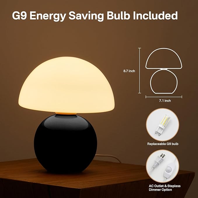 Dawnwake Mushroom Lamp Table Lamp for Bedroom,Desk Bedside Small Lamps for Living Room Night Stands,Mushroom Decor Cute Mini Modern Mid Century Lamps,Unique Aesthetic Home Living Room Decor(Black)