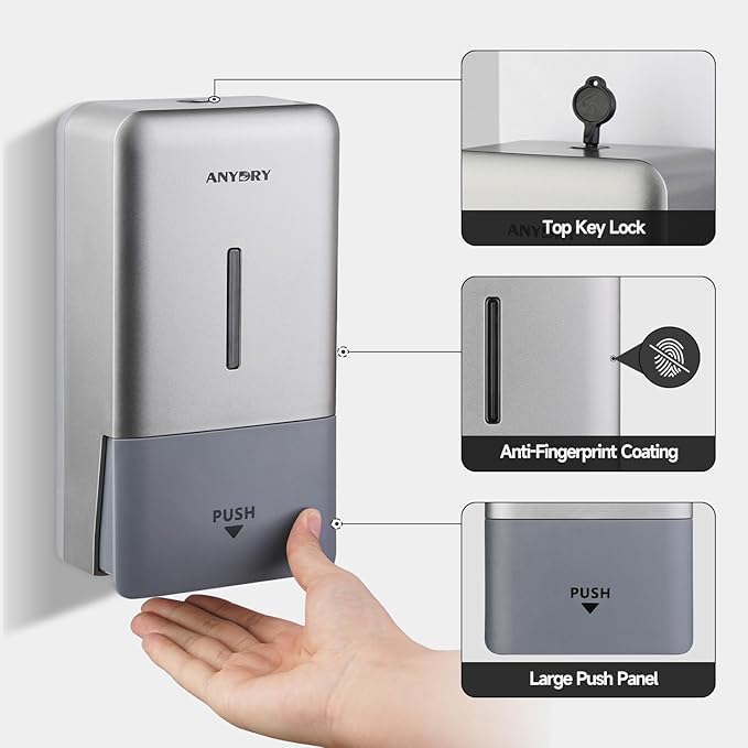 anydry 27oz (800 ml) Manual Wall Mounted Soap Dispenser, Ideal for Commercial Bathrooms Restaurants Hotels, Use with Liquid Hand Soap Shampoo, ABS Silver