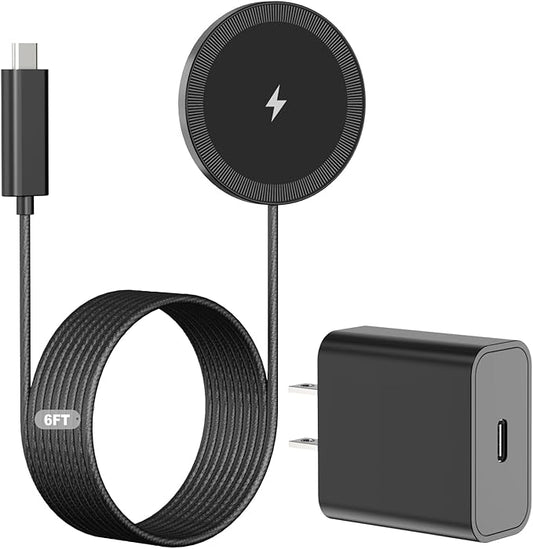 6FT Magnetic Wireless Charger Charging Pad - 15W Qi Fast Phone Charger Puck for Apple iPhone 17 16 15 14 13 12 Series & AirPods 4 3 2 Pro, Phone Charging Pad with Plug for Desk & Travel, 1Pack Black