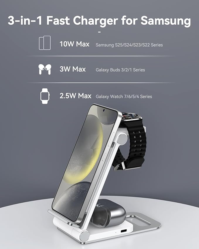 Wireless Charger for Samsung 3 in 1 Wireless Charging Station Foldable Wireless Charger Stand for Samsung S26 S25 Ultra S24 S23 S22 S21 / Z Flip/Z Fold Series for Galaxy Watch 8/7/6/5/4/ Galaxy Buds
