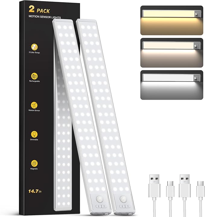 Under Cabinet Lighting with 3 Color Temps - 14.7" Motion Sensor Light Indoor, Magnetic Wireless Closet Lights, Dimmable Led Light, Rechargeable Under Counter Lights for Kitchen, Bedroom, Stair, 2 Pack