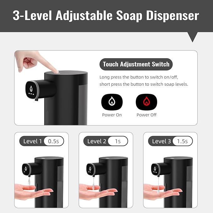 Automatic Liquid Soap Dispenser Touchless, USB Rechargeable Smart Hand Soap Dispenser, 13.5oz/400ml, 3-Level Adjustable, Compatible with Thick Thin Dish Soap for Bathroom Kitchen, Clog-Free (Black)