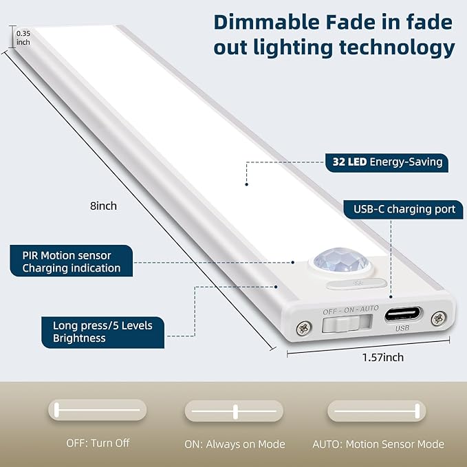 5 Pack Dimmable Under Cabinet Lighting, 32 LED Rechargeable Battery Motion Sensor Light Indoor, Stick On Magnetic Closet Lights, Under Counter Lights for Kitchen, Stairs, White Light 8 in