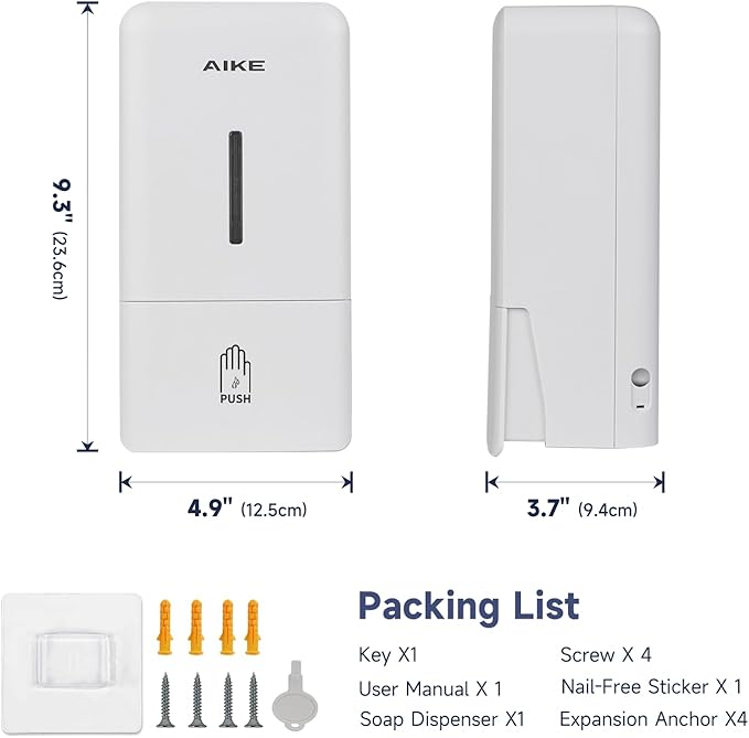 AIKE Wall Mount Liquid Soap Dispenser for Commercial Bathroom 27oz Large Capacity Manual Push Pump Original White