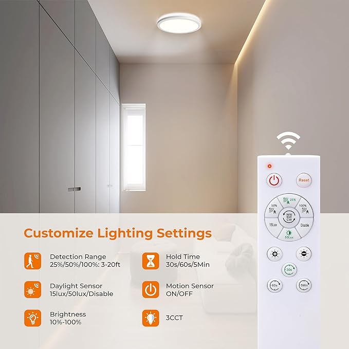 Matane Dimmable Motion Sensor LED Ceiling Light with Remote, 9 Inch Wired Flush Mount 3000K 4000K 5000K, 1800LM Motion Sensor Light Indoor for Closet Hallway Laundry Stairs White New Version