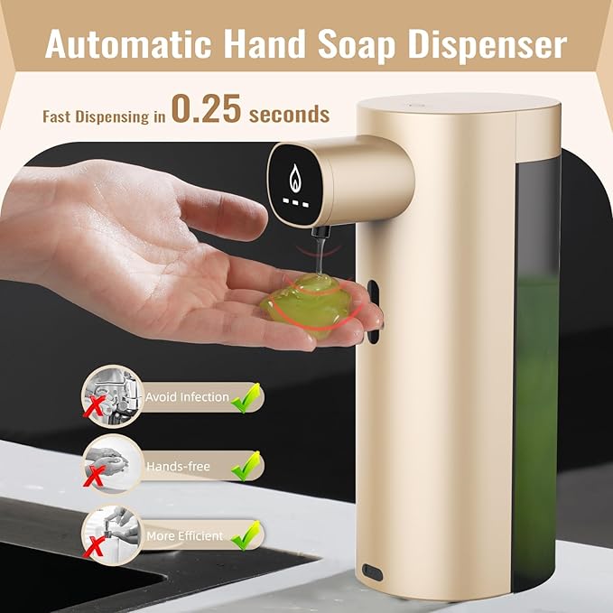 Automatic Liquid Soap Dispenser Touchless, USB Rechargeable Smart Hand Soap Dispenser, 13.5oz/400ml, 3-Level Adjustable, Compatible with Thick Thin Dish Soap for Bathroom Kitchen, Clog-Free (Gold)