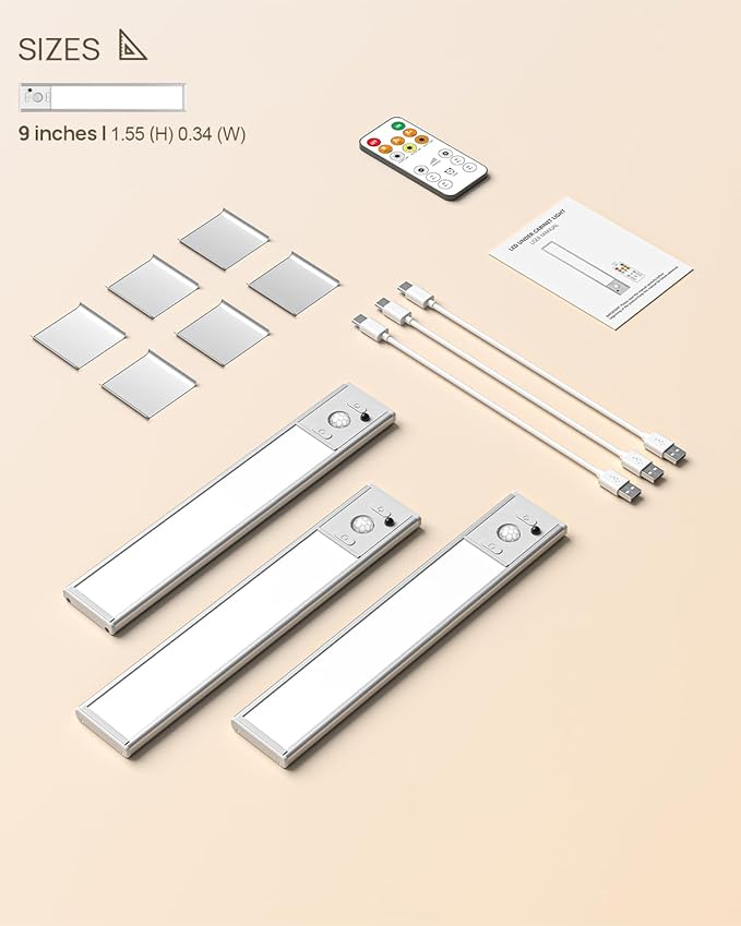 Under Cabinet Lights with Remote Control, USB Rechargeable Battery 180 Lumen Motion Sensor Indoor Light,3 Pack Wireless Under Counter Light,3 Color Dimmable Closet Lighting for Kitchen,Stairs,Wardrobe