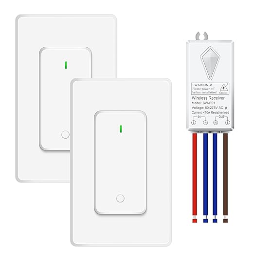 NineLeaf Wireless Light Switch and Receiver Kit, No Wiring Remote Control Wall Switch, 1300FT RF Range Expandable Switches,Ceiling Lights, Fans, Lamps & Outdoor Sheds,1000W LED(2Switches 1Receiver)