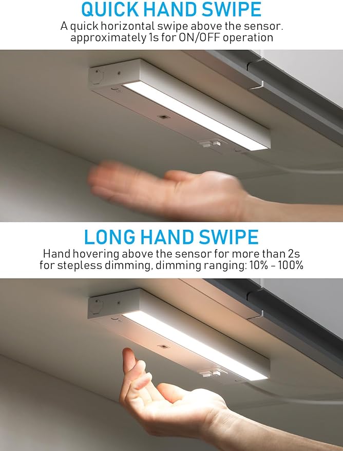 TORCHSTAR LED Under Cabinet Lighting 3CCT, 12 Inch 8W 540LM, Hardwired & Plug-in, Hand Wave Motion Sensor, CRI90 120V ETL Dimmable Under Counter Lights for Kitchen, White Aluminum Housing, Pack of 2