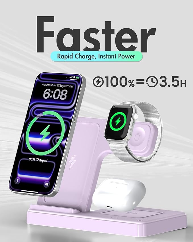 Wireless Charger Stand Charging Station: 3 in 1 Charger Multiple Devices for Apple iPhone 17 16e 16 15 14 Pro Max 13 12 11 for Watch 11 10 9 8 7 6 5 4 3 2 SE and Ultra & Airpods Series, Light Violet