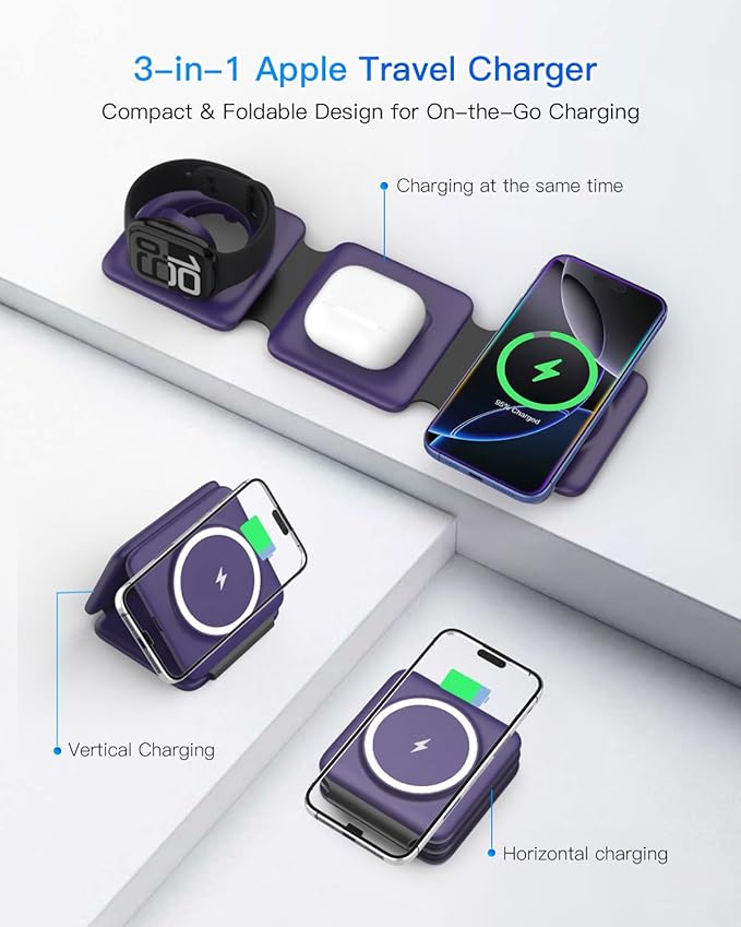 Iseyyox Charging Station for Mag Safe Apple - 3 in 1 Magnetic Foldable Wireless Charger Pad - Travel Charging Mat for iPhone 17 16 15 14 13 12 Pro Max Plus Watch & Airpods