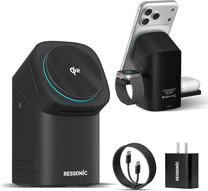 3 in 1 Wireless Charging Station for Apple & Samsung, 15W Fast Magnetic Wireless Charger Stand for Magsafe iPhone 17/16/15/14/13/12 Pro Max, Galaxy S25/24/23/22, AirPods, iWatch (with 30W Adapter)