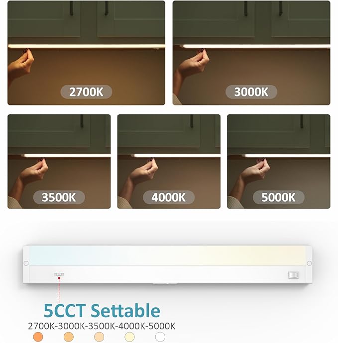 Leetdud LED Under Cabinet Lighting Hardwired or Plug in, 24 Inch 12W, Dimmable 5 Color 2700K/3000K/3500K/4000K/5000K, Linkable Eyes Care Design Counter Lights for Kitchen, Sink, ETL Listed, White
