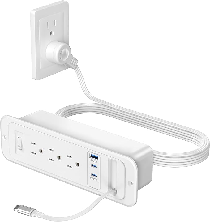 Recessed Power Strip with Retractable USB C Cable,2 PD 65W USB C Fast Charging,Flush Mount Countertop Drawer Outlet, Furniture Hidden Outlet for Side Table,End Table,3 Outlets (White, 6FT-65W)