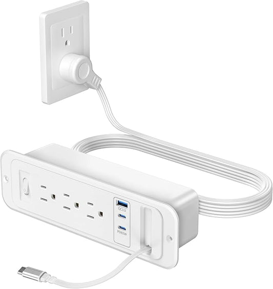 Recessed Power Strip with Retractable USB C Cable,2 PD 65W USB C Fast Charging,Flush Mount Countertop Drawer Outlet, Furniture Hidden Outlet for Side Table,End Table,3 Outlets (White, 6FT-65W)